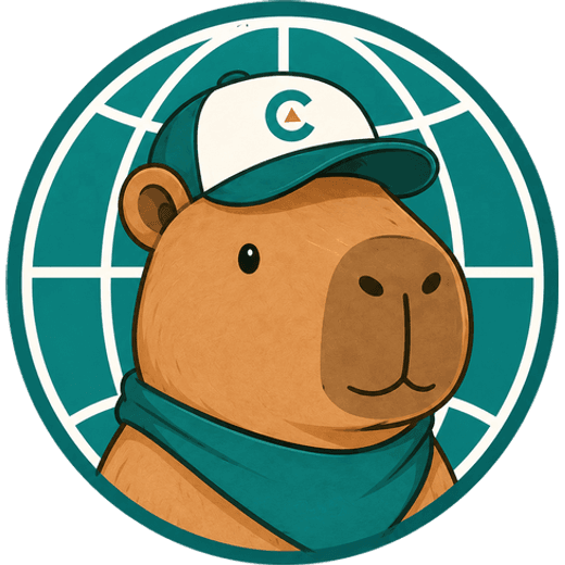 Cami the capybara, the Camino mascot, inside a globe badge