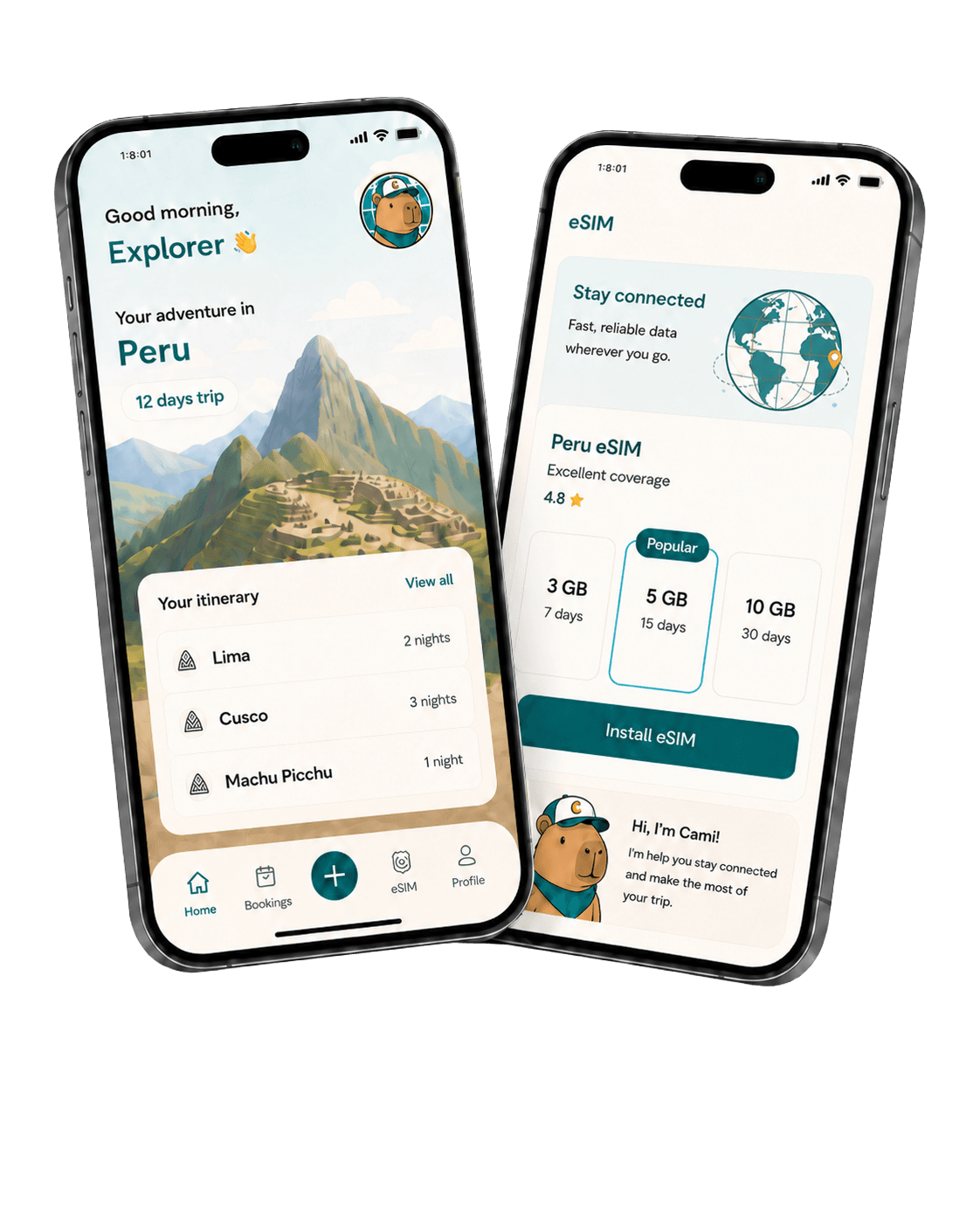 The Camino app on two phones — a Peru travel itinerary and the in-app eSIM store